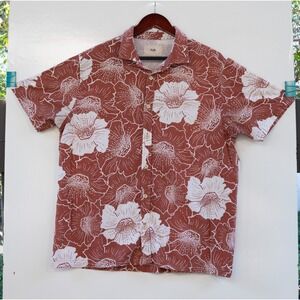 Folk Men's‎ Short Sleeve Button Up Shirt Floral Print Brown White Size L